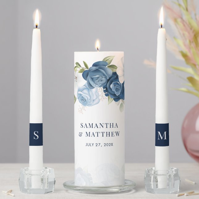 Elegant Dusty Blue Floral Wedding Unity Candle Set (In Situ)