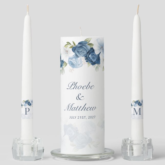 Elegant Dusty Blue Floral Wedding Unity Candle Set (Front)