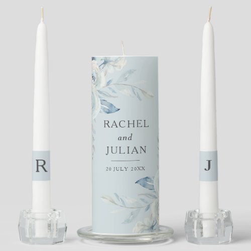 elegant dusty blue floral wedding unity candle set