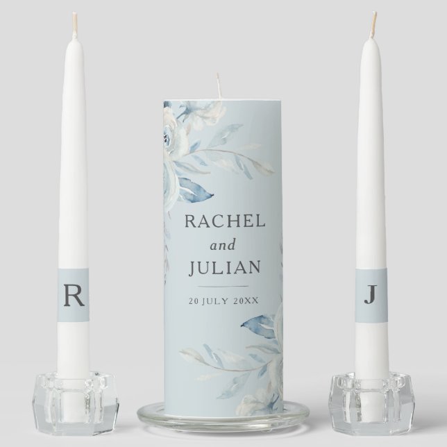 elegant dusty blue floral wedding unity candle set (Front)