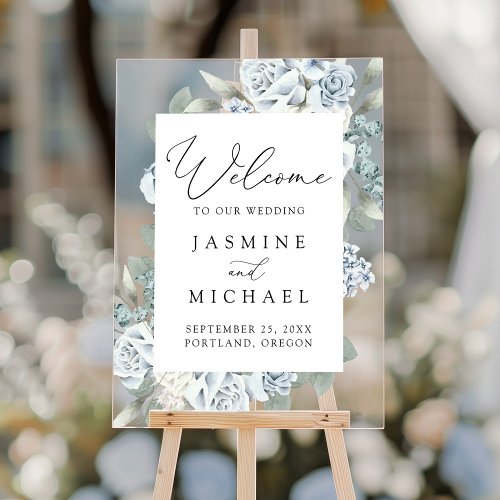 Elegant Dusty Blue Floral Wedding Welcome Acrylic Sign