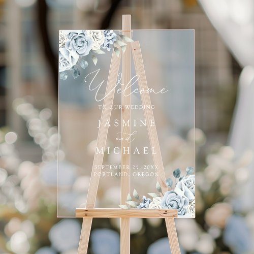Elegant Dusty Blue Floral Wedding Welcome Acrylic Sign