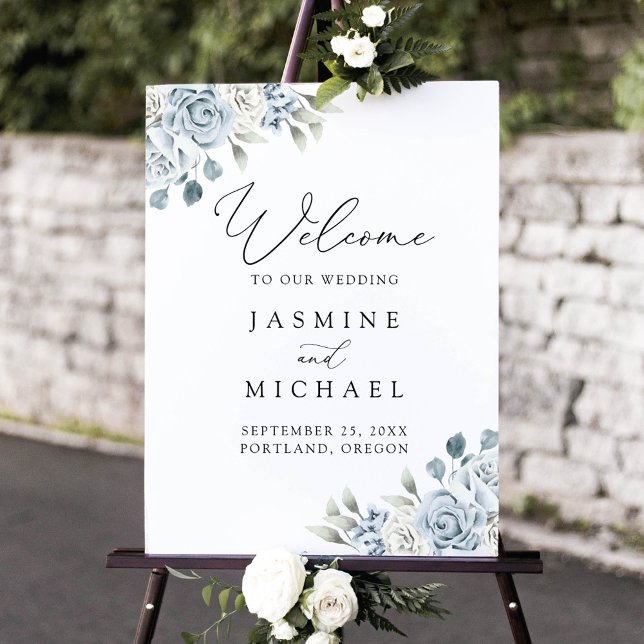 Elegant Dusty Blue Floral Wedding Welcome Foam Board (Creator Uploaded)