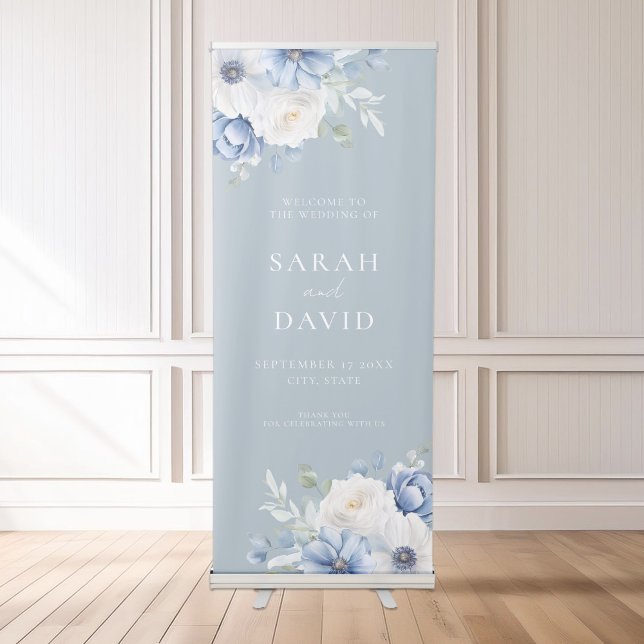 Elegant Dusty Blue Floral Wedding Welcome Retractable Banner (Creator Uploaded)