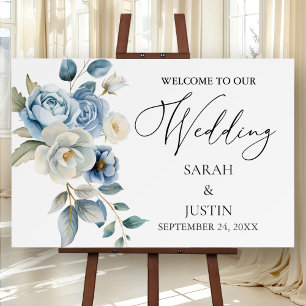 Elegant Dusty Blue Floral Wedding Welcome Sign