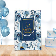 Elegant Dusty Blue Floral White Happy Birthday