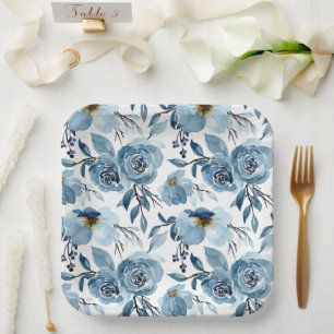 Elegant Dusty Blue Floral & White Square Party Paper Plates
