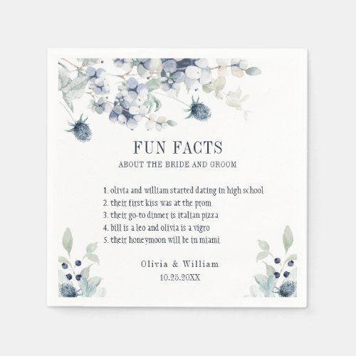 Elegant Dusty Blue Floral Winter Wedding FUN FACTS Napkins