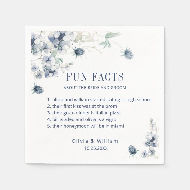 Elegant Dusty Blue Floral Winter Wedding FUN FACTS Napkins (Front)