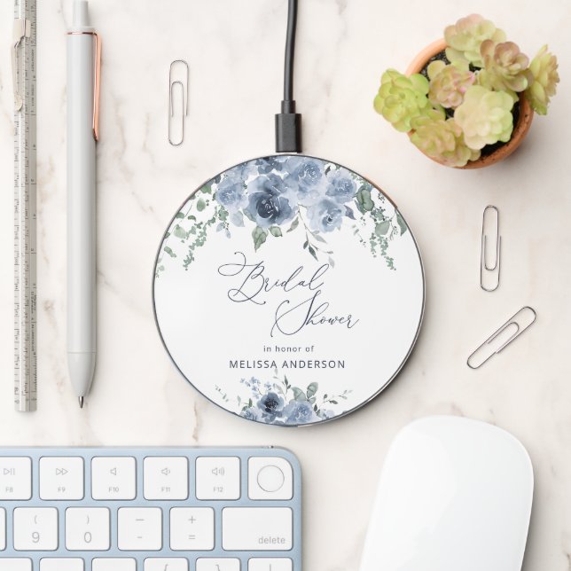 Elegant Dusty Blue Floral Wireless Charger (Desk)