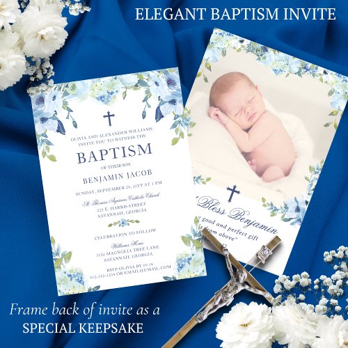 Elegant Dusty Blue Floral with Photo Baptism Invitation