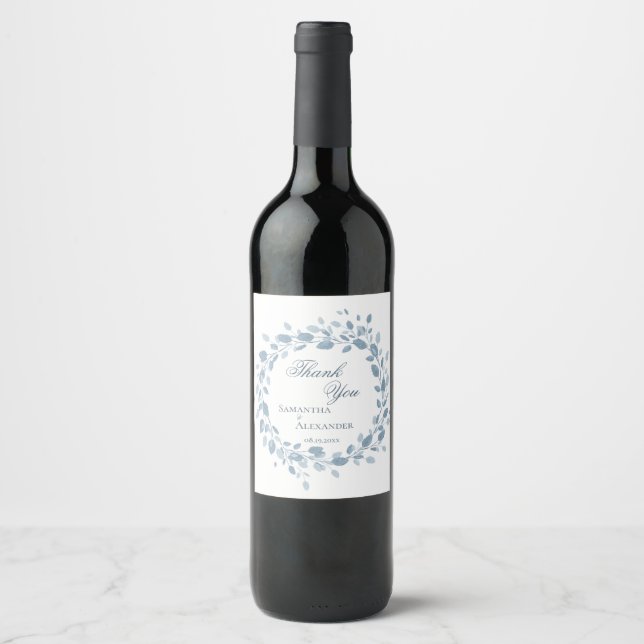Elegant Dusty Blue Floral Wreath Botanical Wedding Wine Label (Front)
