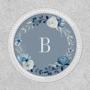 Elegant Dusty Blue Floral Wreath Monogram Patch