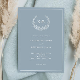 Elegant Dusty Blue Floral Wreath Monogram Wedding Invitation