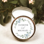 Elegant Dusty Blue Floral Wreath Wedding Classic Round Sticker<br><div class="desc">Add an elegant touch to your wedding envelopes and favors with Elegant Dusty Blue Floral wedding stickers. The stickers feature your names encircled by a wreath of dusty blue and white roses and hydrangeas with lush eucalyptus leaves and greenery. The dusty blue floral wedding stickers are perfect for your spring...</div>