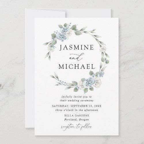 Elegant Dusty Blue Floral Wreath Wedding Invitation