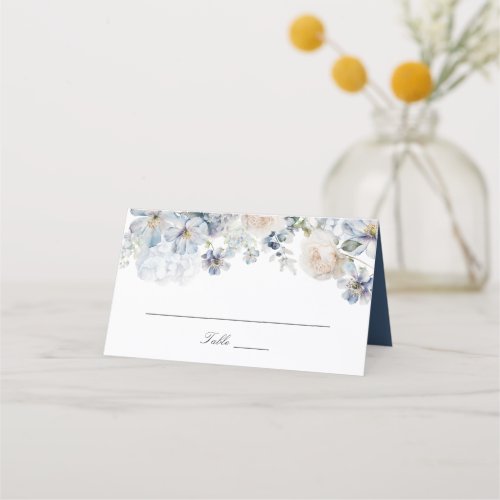 Elegant Dusty Blue Flowers Blush Roses Wedding Place Card