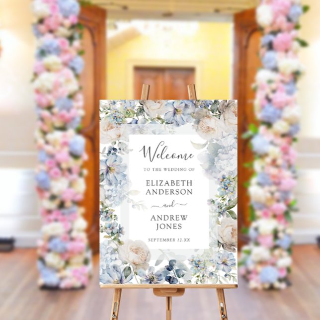 Elegant Dusty Blue Flowers Garden Wedding Welcome Foam Board (Creator Uploaded)