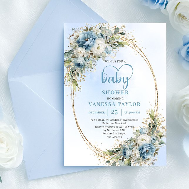 Elegant Dusty Blue Flowers Gold Baby Shower Invite (Elegant Dusty Blue Flowers Gold Baby Shower Invite

)