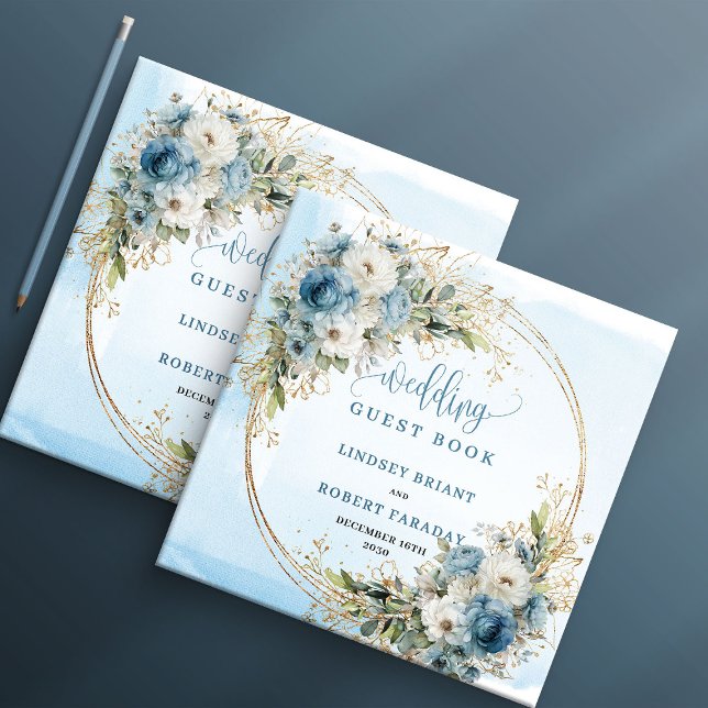 Elegant Dusty Blue Flowers Gold Wedding Guest Book (Elegant Dusty Blue Flowers Gold Wedding Guest Book)