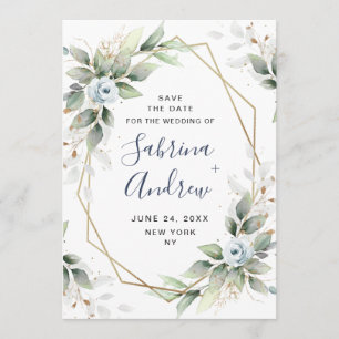 Elegant Dusty Blue Flowers Greenery Wedding Save The Date