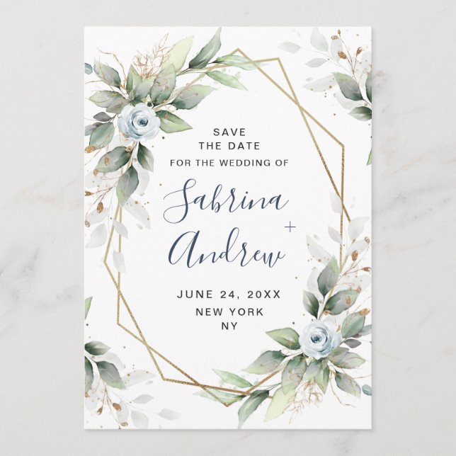 Elegant Dusty Blue Flowers Greenery Wedding Save The Date (Front)
