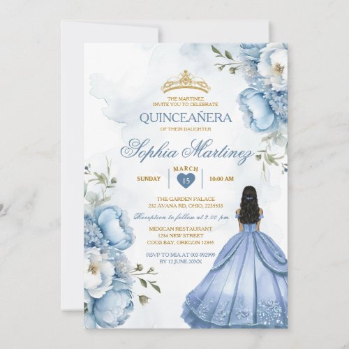 Elegant Dusty Blue Flowers Princess Quinceaera Invitation