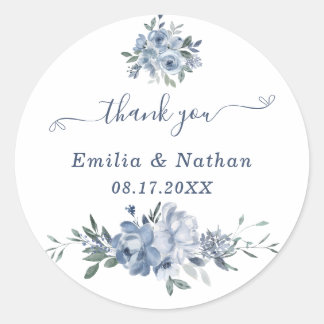 Elegant Dusty Blue Flowers Thank You Favor Classic Round Sticker