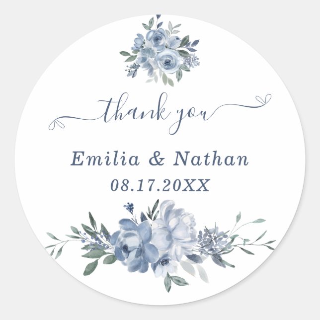 Elegant Dusty Blue Flowers Thank You Favor  Classic Round Sticker (Front)