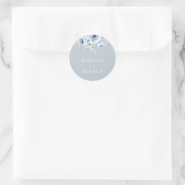elegant dusty blue flowers wedding classic round sticker (Bag)