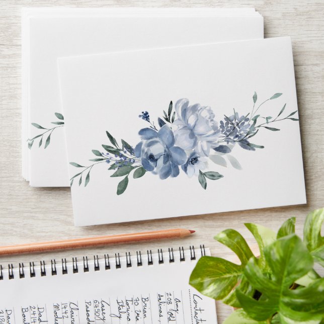 Elegant Dusty Blue Flowers Wedding Envelope (Stacked)