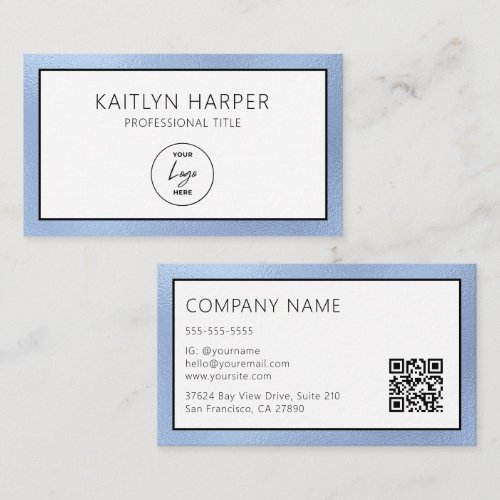 Elegant Dusty Blue Foil Edged Logo QR Code Business Card