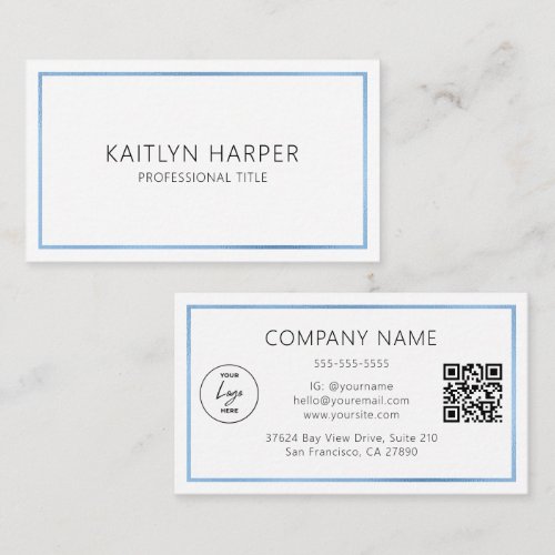 Elegant Dusty Blue Foil Frame Minimal Logo QR Code Business Card