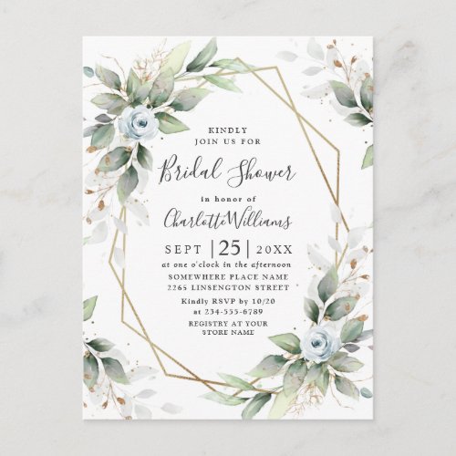 Elegant Dusty Blue Foliage Bridal Shower Card