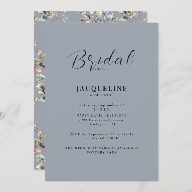 Elegant Dusty Blue Foliage Bridal Shower Invitation (Front/Back)