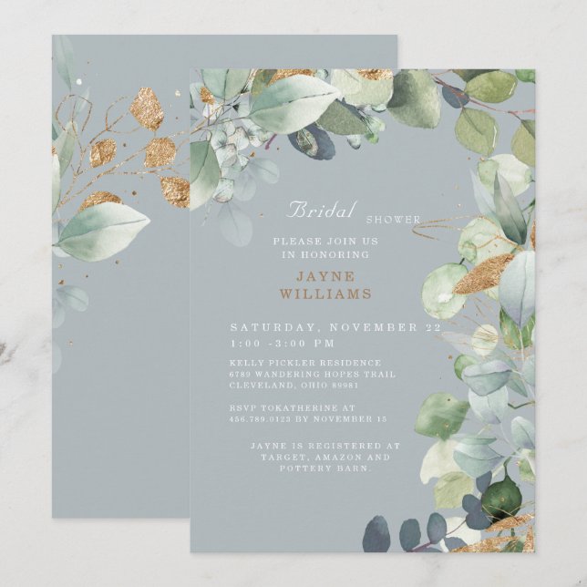 Elegant Dusty Blue Foliage Wedding Bridal Shower Invitation (Front/Back)