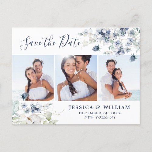 Elegant Dusty Blue Foliage Wedding Save the Date Announcement Postcard