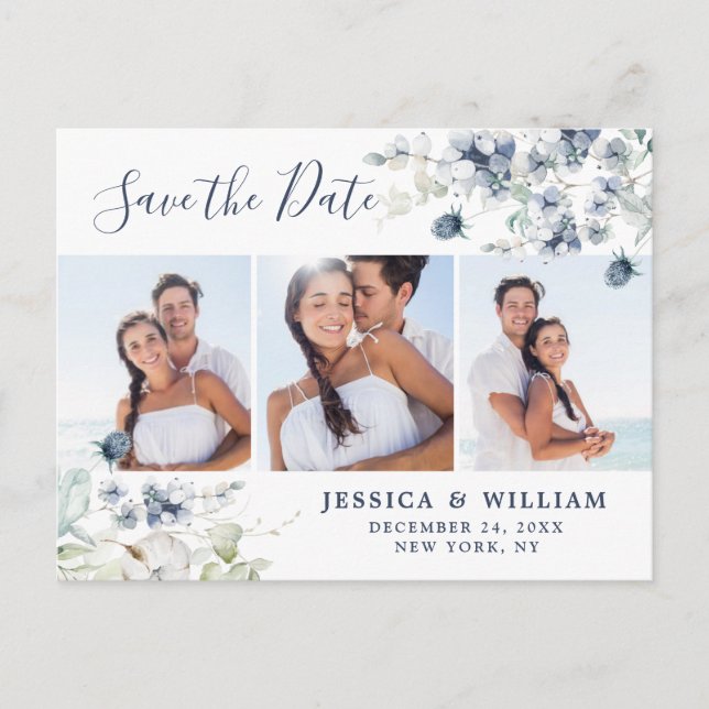 Elegant Dusty Blue Foliage Wedding Save the Date Announcement Postcard (Front)