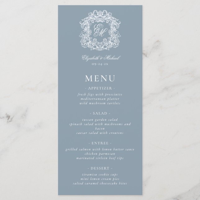 Elegant Dusty Blue Formal Monogram Crest Wedding Menu (Front)