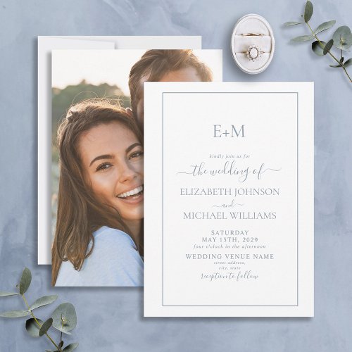 Elegant Dusty Blue Formal Monogram Photo Wedding Invitation