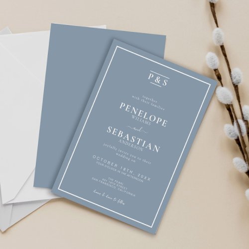 Elegant Dusty Blue Formal Monogram Simple Wedding  Invitation