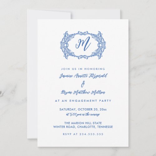 Elegant Dusty Blue French Crest Engagement Party Invitation