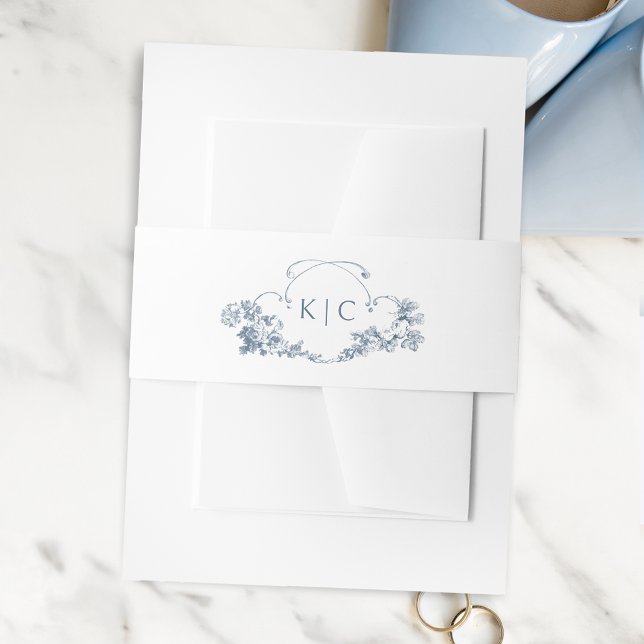 Elegant Dusty Blue French Floral Crest Invitation Belly Band (Creator Uploaded)