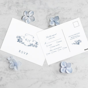 Elegant Dusty Blue French Floral Crest RSVP Postcard