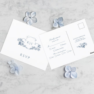 Elegant Dusty Blue French Floral Crest RSVP Postcard