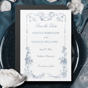 Elegant Dusty Blue French Floral Save the Date Magnetic Invitation