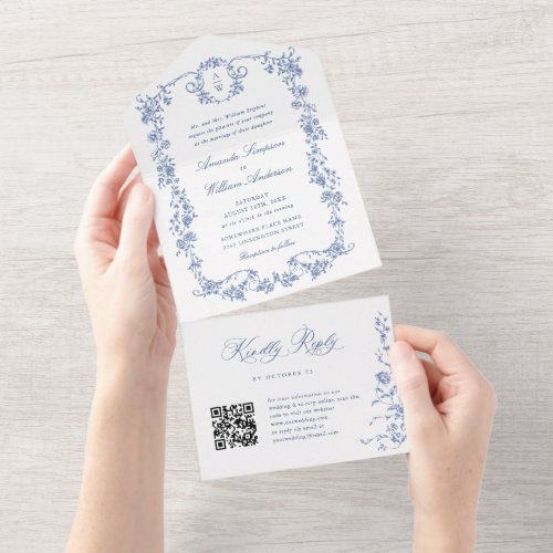 Elegant Dusty Blue French Flowers QR code Wedding All In One Invitation