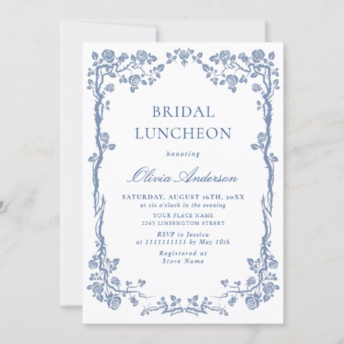 Elegant Dusty Blue French Garden BRIDAL LUNCHEON Invitation