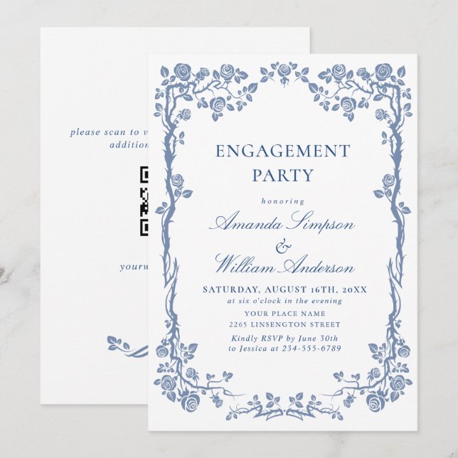 Elegant Dusty Blue French Garden ENGAGEMENT PARTY Invitation (Front/Back)