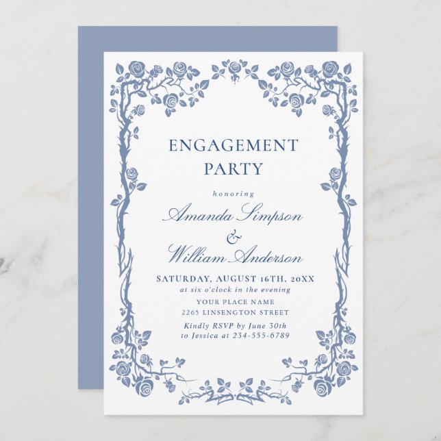 Elegant Dusty Blue French Garden ENGAGEMENT PARTY Invitation (Front/Back)